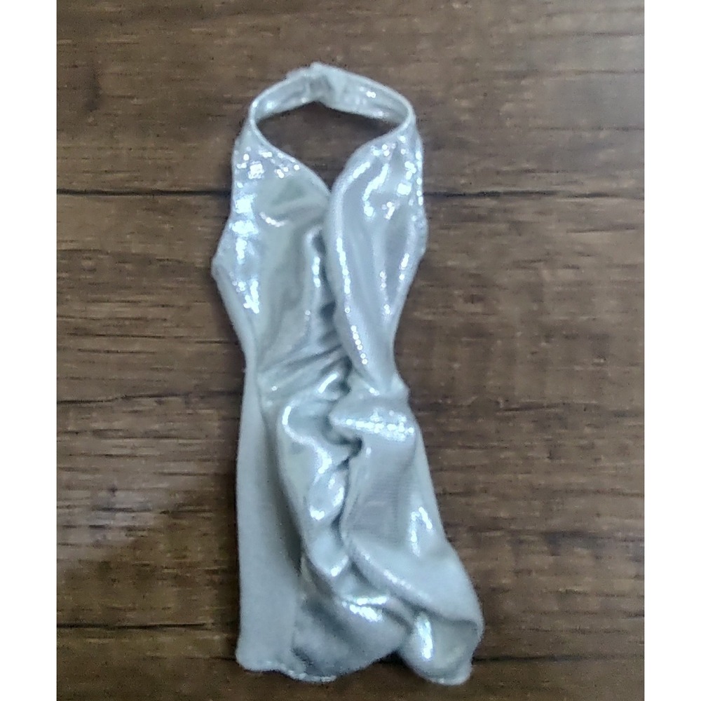 Vintage Barbie CLONE Silver Ruched Mini Halter Top Dress No Tag Retro Disco Z33